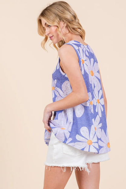 Blue BOMBOM floral round neck tank top from Trendsi, featuring a lightweight fabric and stylish floral print.