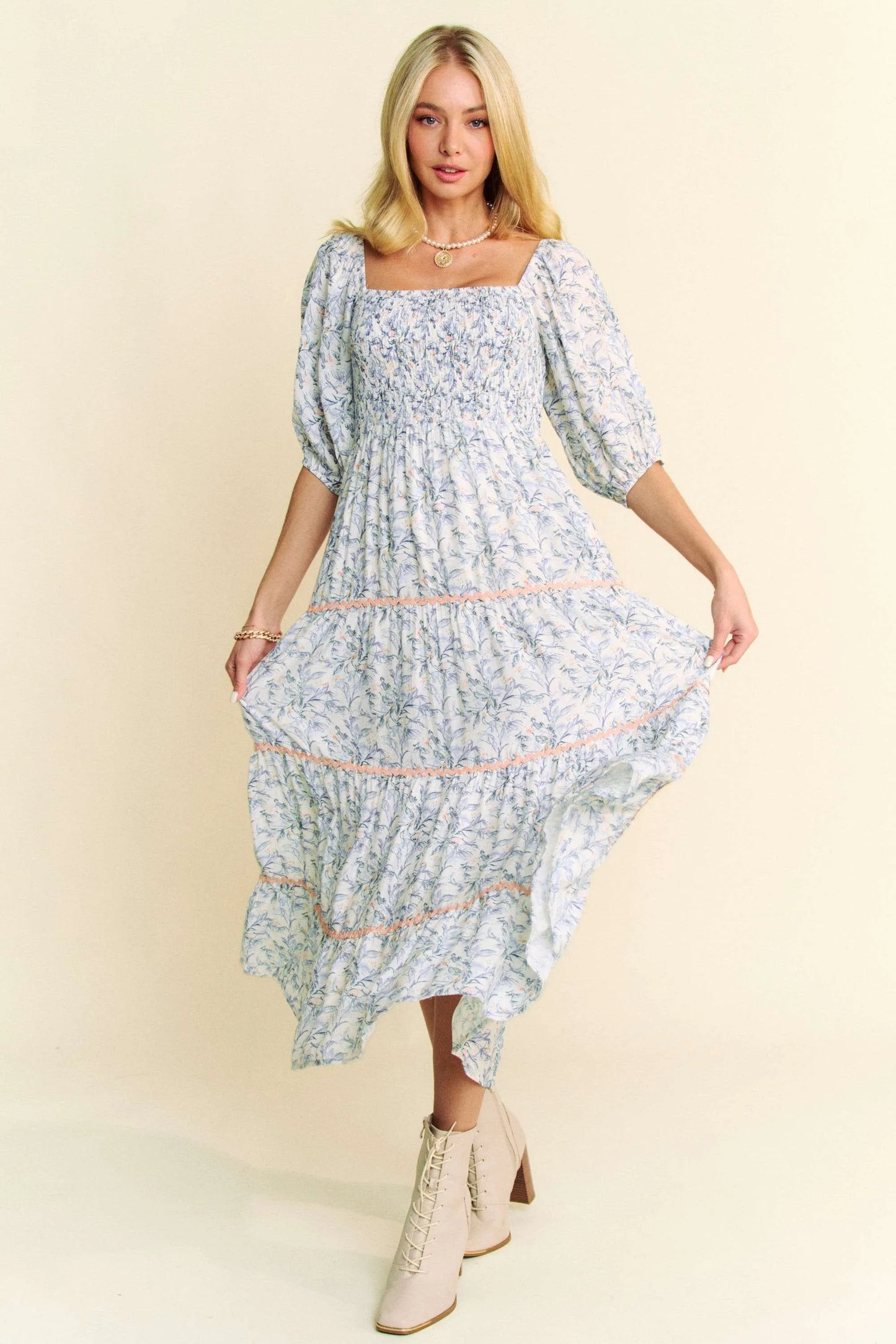 Blue Davi & Dani Contrast Ric Smocking Bodice Tiered Midi Dress with ruffle details and tiered skirt, perfect for stylish summer wear.