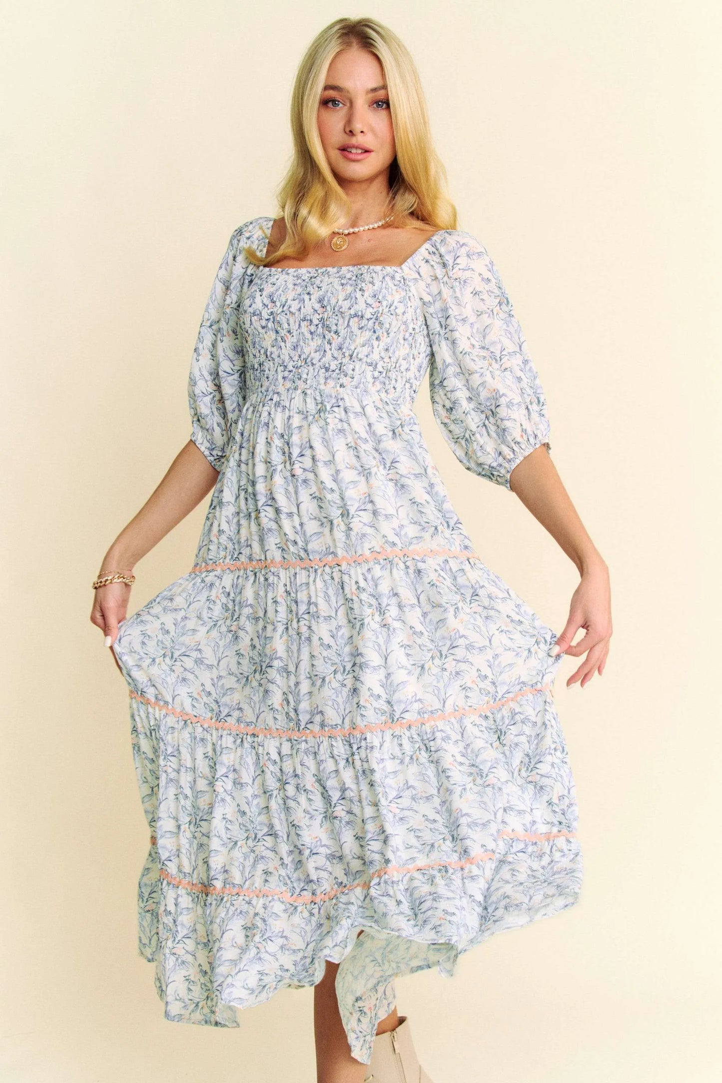 Blue Davi & Dani contrast ric-smocking bodice tiered midi dress by Trendsi, featuring a flattering fit and tiered skirt design.