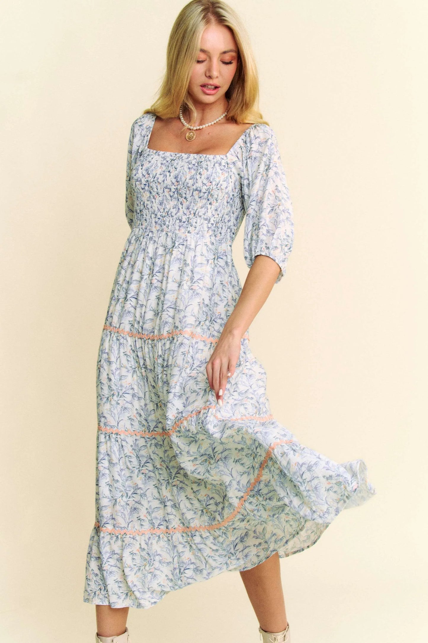 Blue Davi & Dani contrast ric rac smocking bodice tiered midi dress, featuring a flowy silhouette and stylish design.
