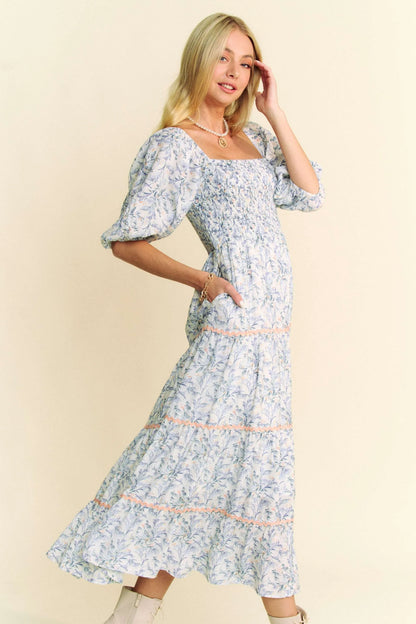 Blue Davi & Dani contrast ric smocking bodice tiered midi dress by Trendsi, featuring a fitted bodice and flowing layered skirt.