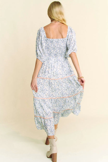 Blue Davi & Dani contrast ric-smocking bodice tiered midi dress from Trendsi, featuring a stylish, flowy design and tiered skirt.