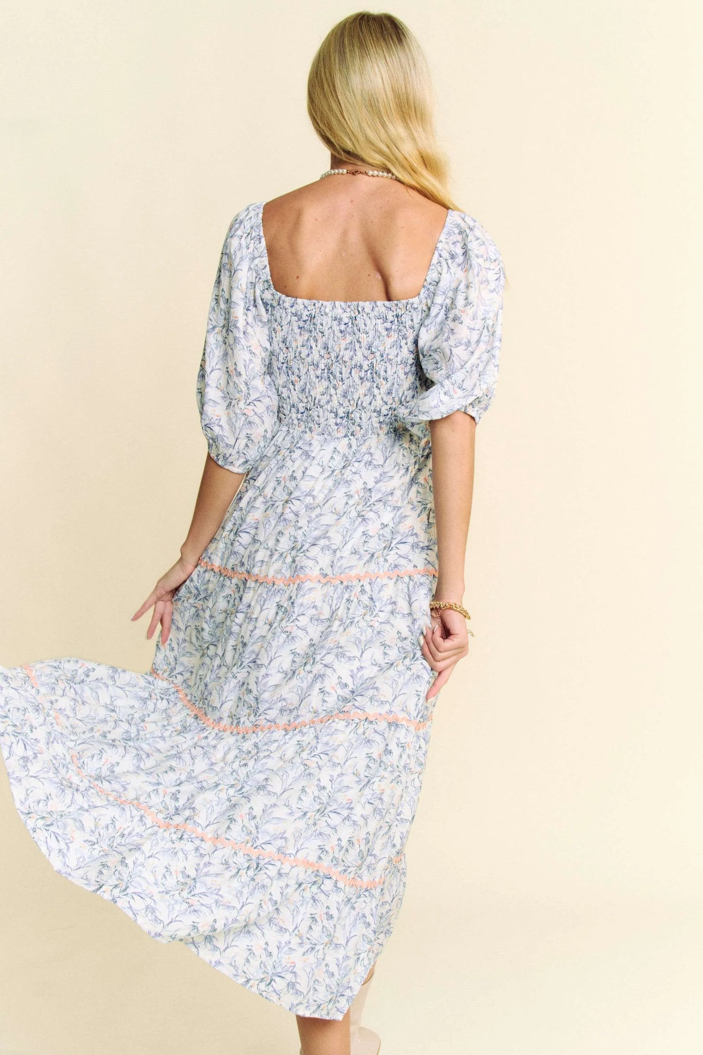 Blue Davi & Dani contrast Ric smocking bodice tiered midi dress by Trendsi, featuring a fitted bodice and flowing tiered skirt.