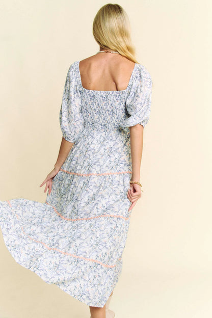 Blue Davi & Dani contrast Ric smocking bodice tiered midi dress by Trendsi, featuring a fitted bodice and flowing tiered skirt.