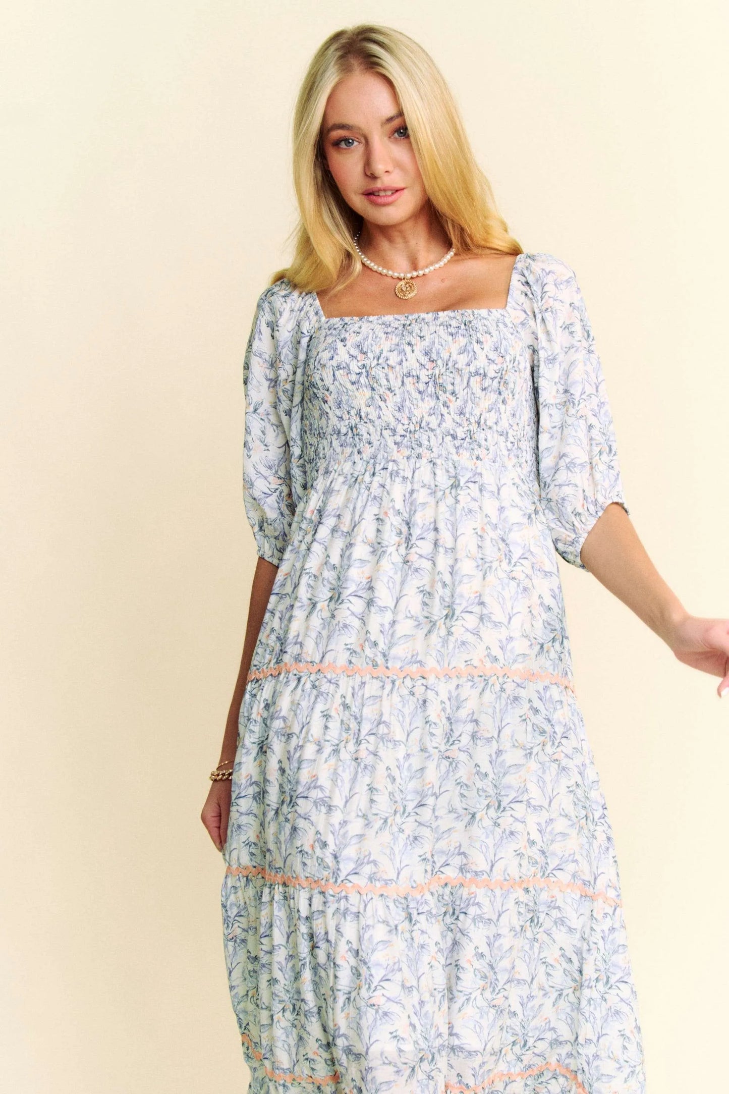 Blue Davi & Dani contrast ric rac smocking bodice tiered midi dress by Trendsi, shown on a model in a stylish outdoor setting.
