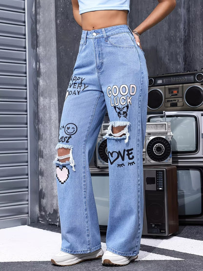 Blue distressed printed wide-leg jeans from Trendsi featuring rips, fading, and relaxed fit for casual style.