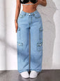 Blue high waist cargo jeans from Trendsi, featuring multiple utility pockets and a relaxed fit for casual style.