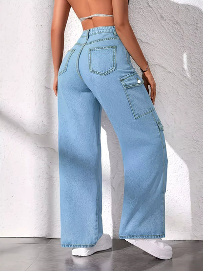 Blue high waist cargo jeans by Trendsi featuring multiple pockets and a relaxed fit.