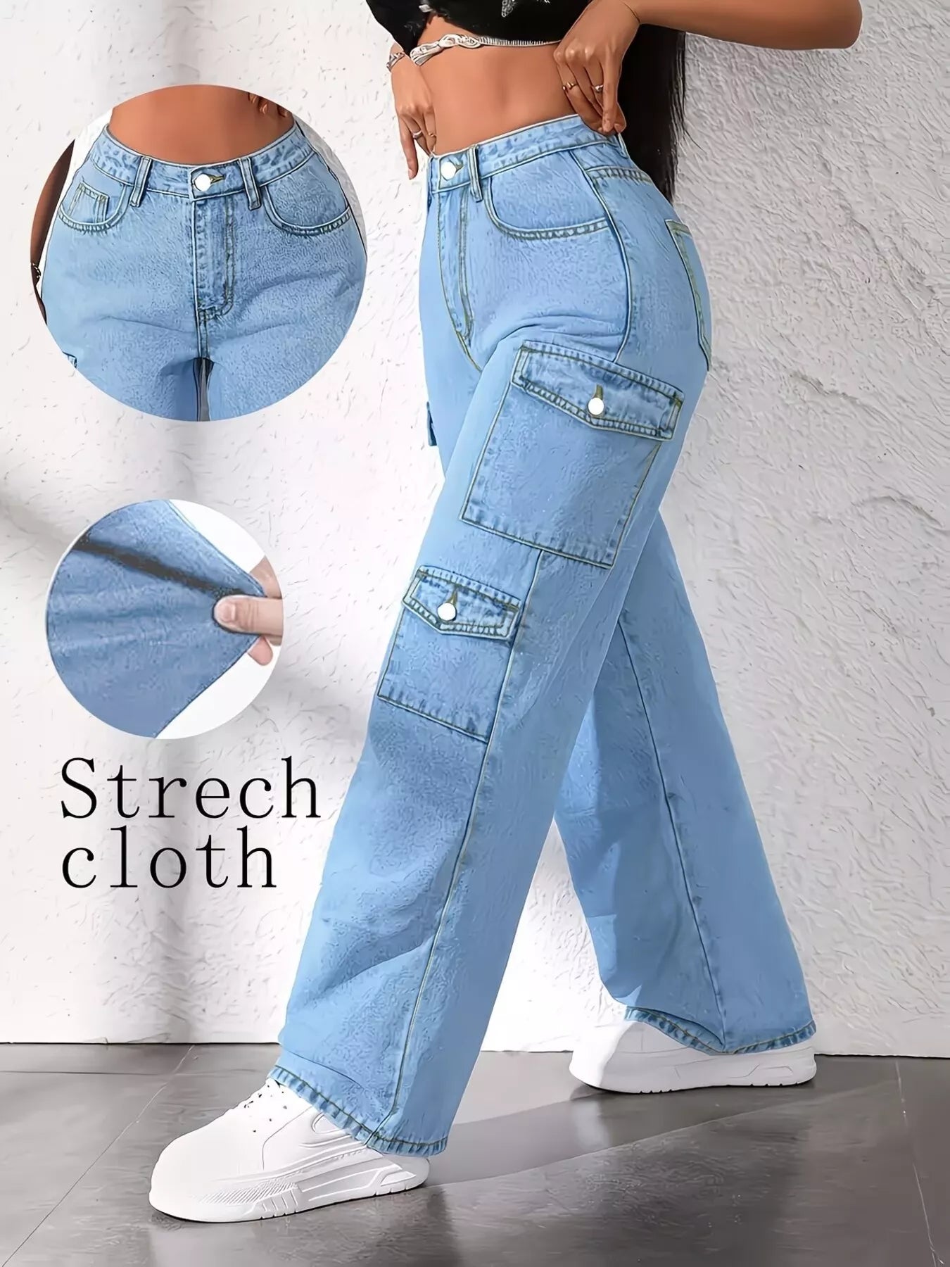 Blue high waist cargo jeans by Trendsi featuring multiple pockets and a relaxed fit.