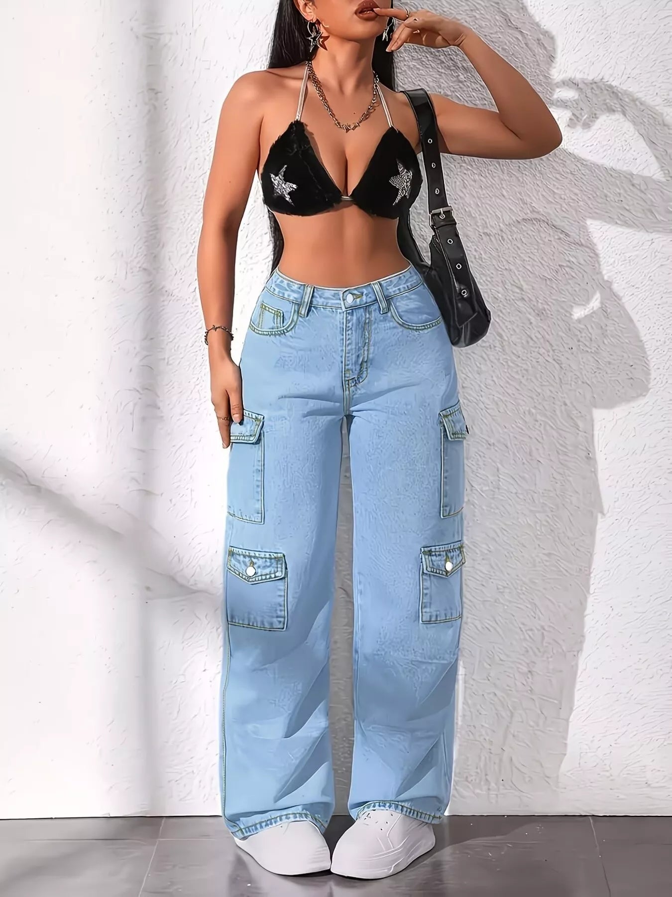 Blue high waist cargo jeans from Trendsi, featuring multiple pockets and a relaxed fit.