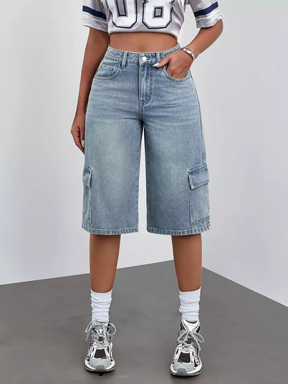 Blue high waist denim shorts from Trendsi, featuring classic five-pocket style and frayed hem design.