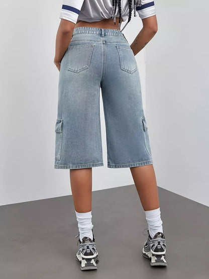 Blue high waist denim shorts from Trendsi, featuring classic five-pocket design and frayed hem for a trendy casual look.