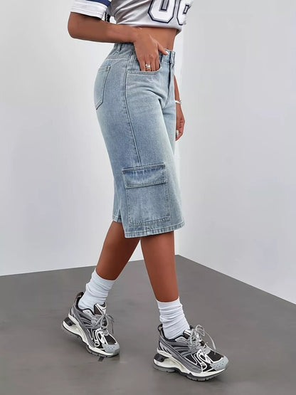 Blue high waist denim shorts by Trendsi, featuring classic five-pocket design and frayed hem for a casual summer look.