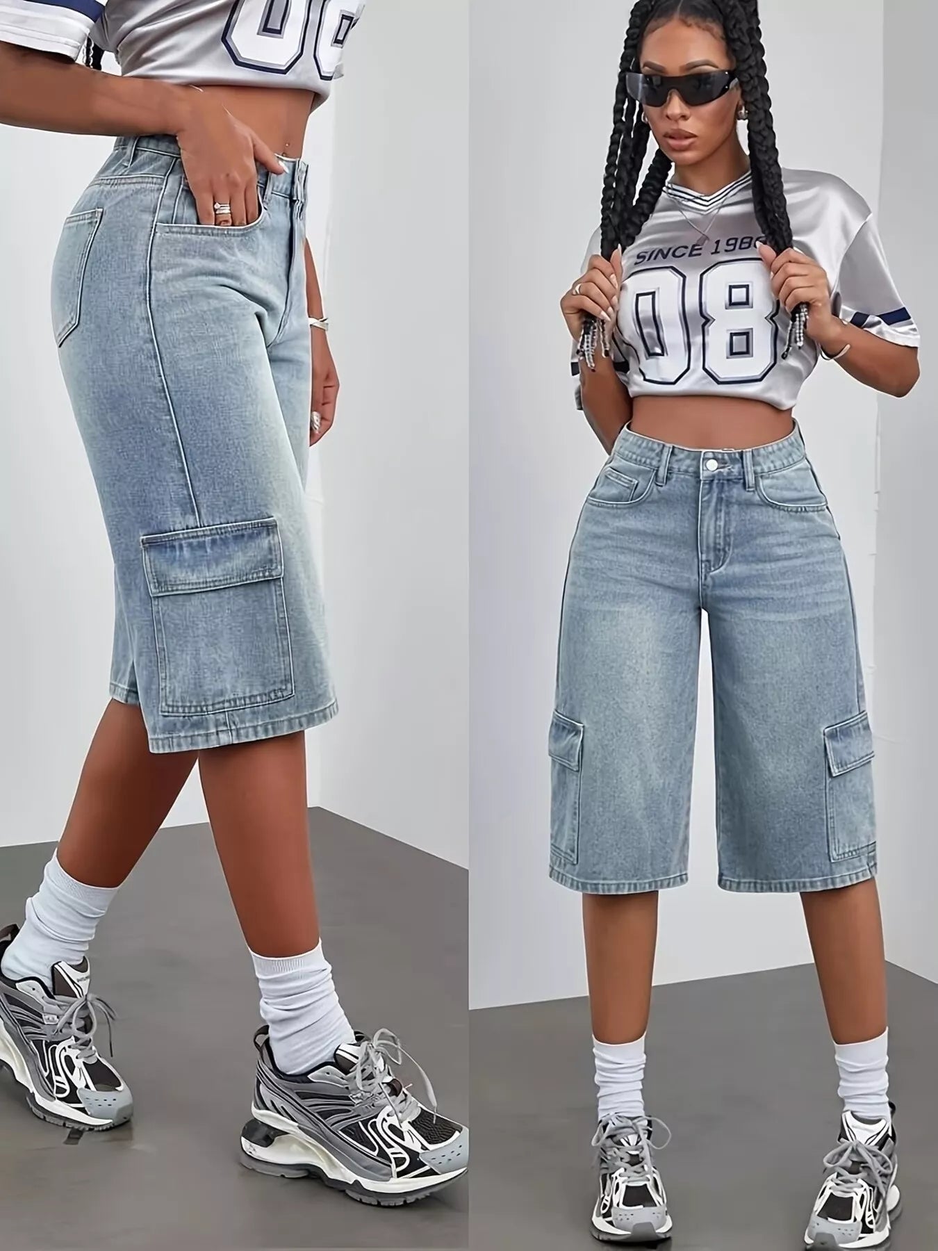Blue high waist denim shorts from Trendsi with a classic fit and distressed details, perfect for casual summer outfits.