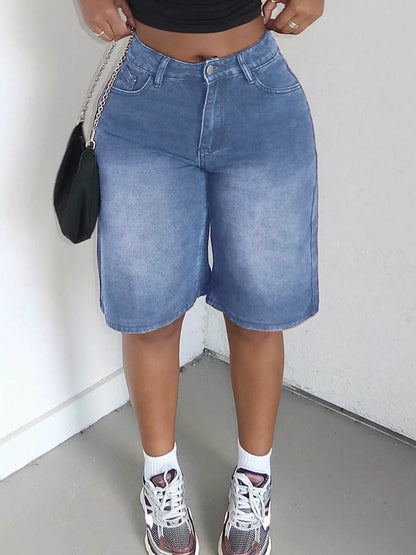 Blue high-waisted wide-leg denim shorts from Trendsi, featuring a relaxed fit and classic denim texture.