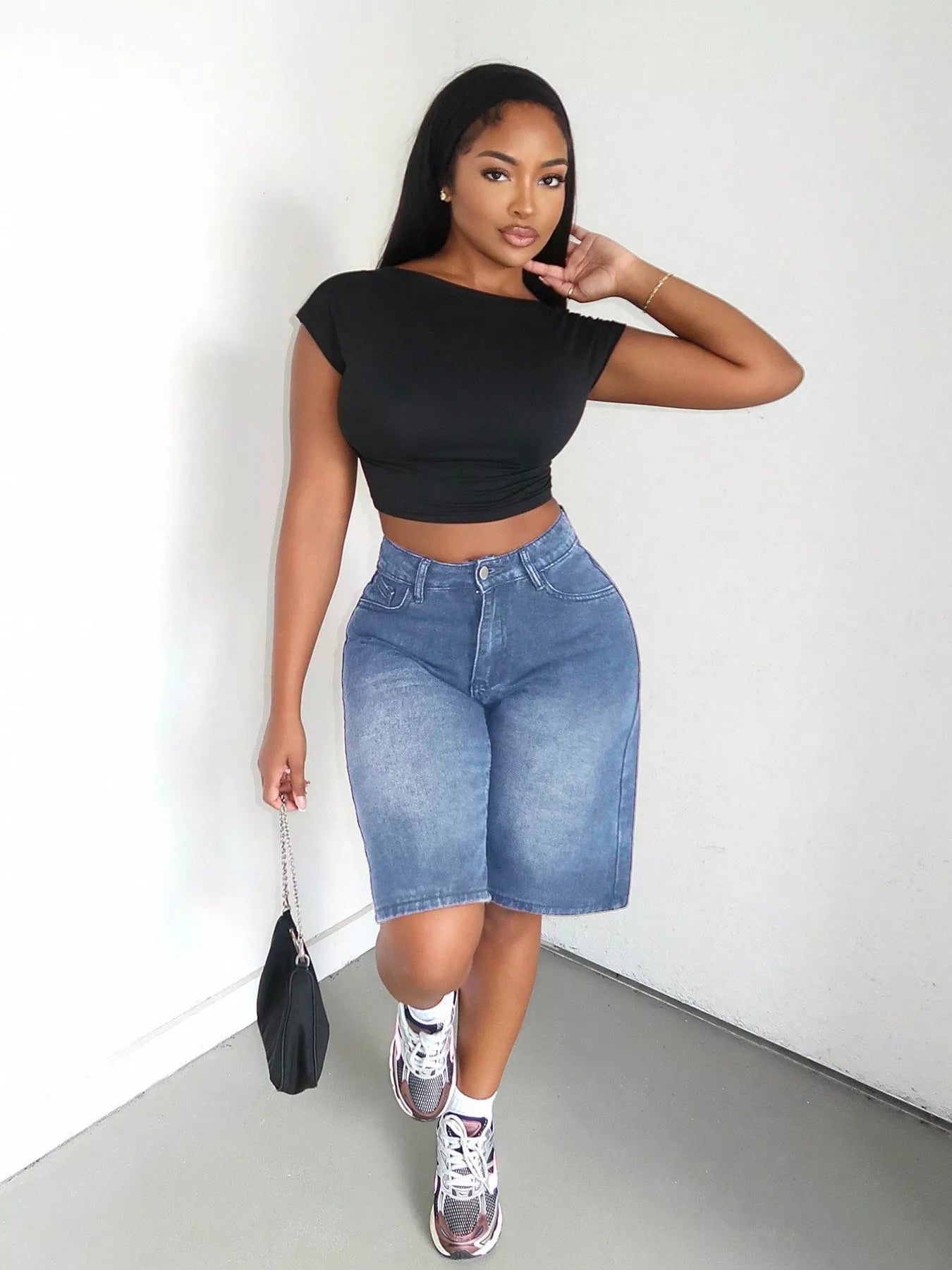 Blue high-waisted wide-leg denim shorts by Trendsi featuring distressed details and a relaxed fit.