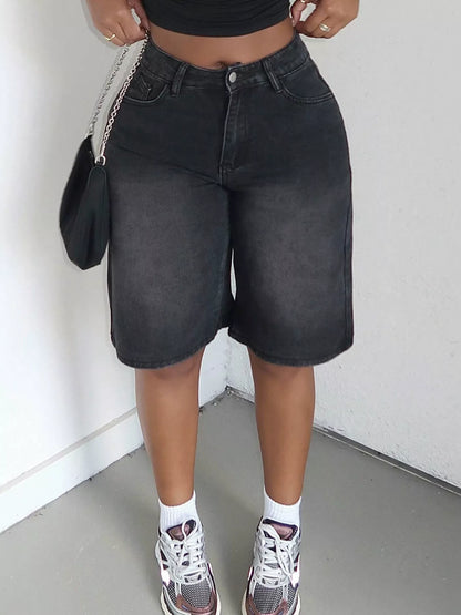 Blue high-waisted wide-leg denim shorts from Trendsi, featuring a relaxed fit and classic denim texture.