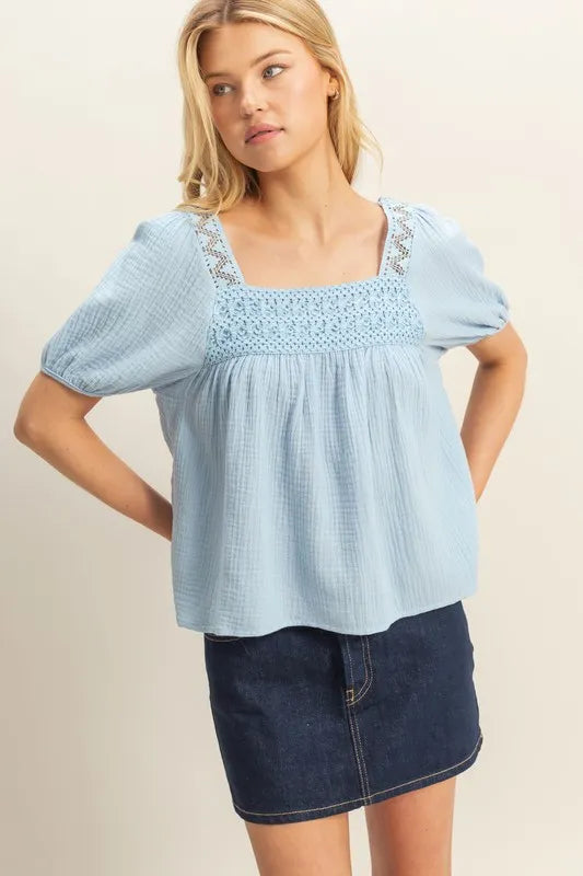 Blue HYFVE crochet detail puff sleeve peasant top with relaxed fit and boho style, perfect for casual and summer wear.