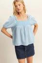 Blue HYFVE crochet detail puff sleeve peasant top with relaxed fit and boho style, perfect for casual and summer wear.