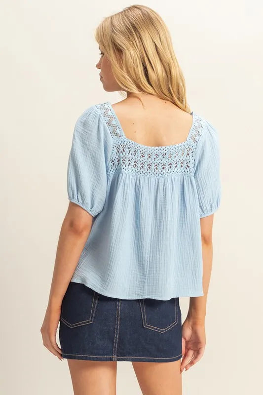 Blue HYFVE crochet detail puff sleeve peasant top with relaxed fit and feminine silhouette, perfect for casual and boho styles.