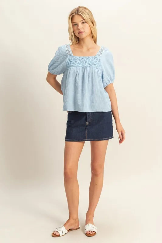 Blue crochet detail puff sleeve peasant top by HYFVE featuring a relaxed fit and boho style, perfect for casual wear.