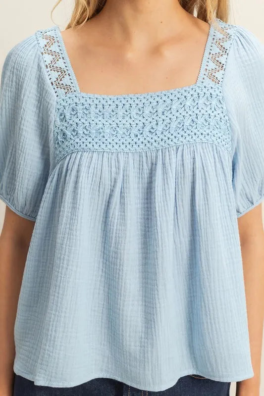 Blue HYFVE crochet detail puff sleeve peasant top with relaxed fit and feminine design, perfect for casual or boho styles.