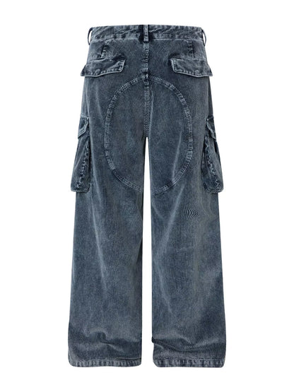 Men's blue corduroy cargo pants with multiple pockets, casual style, from Trendsi, shown on a model.