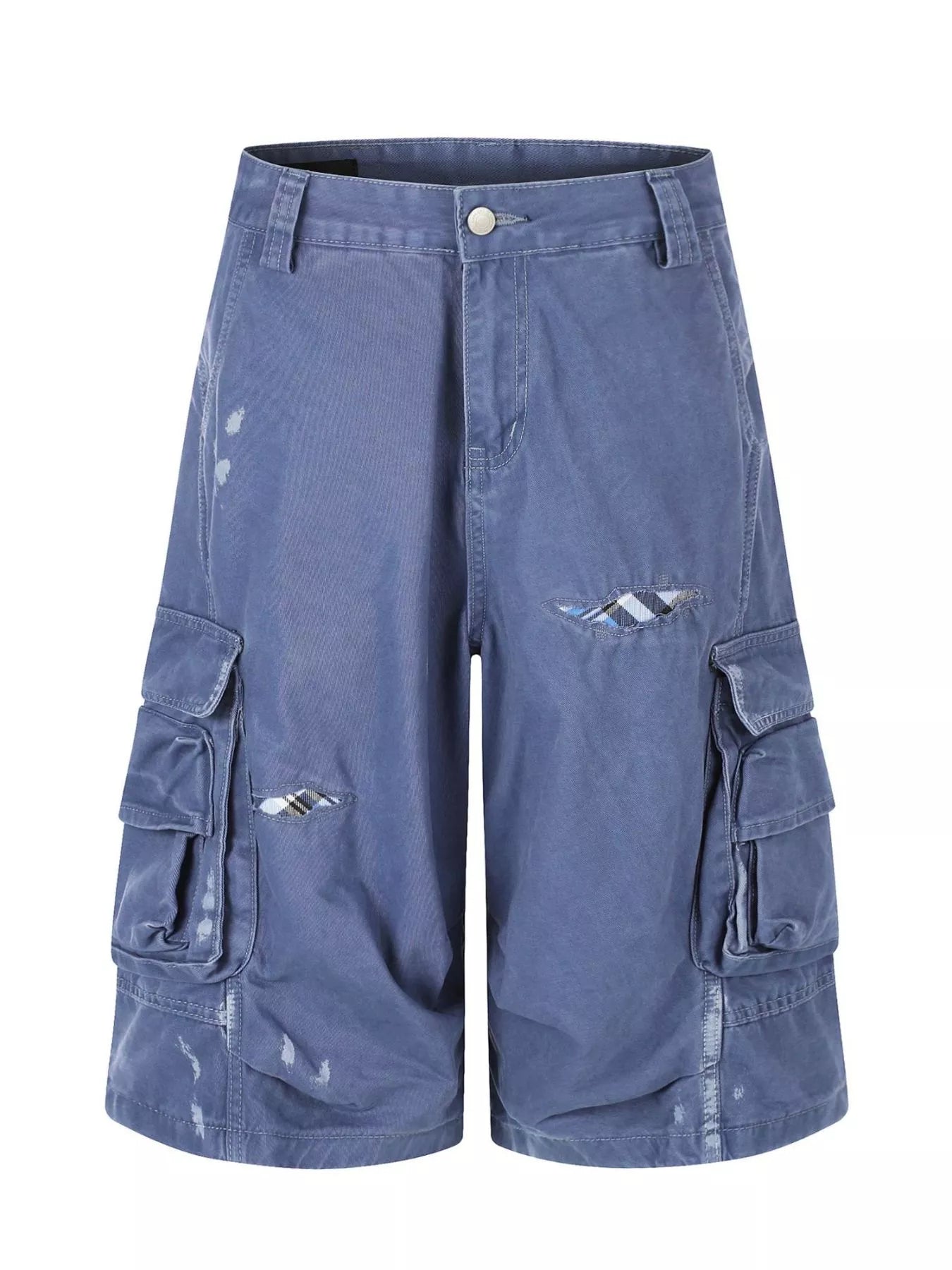 Men's distressed cargo capris in blue, stylish and casual, with multiple pockets and a relaxed fit by Trendsi.