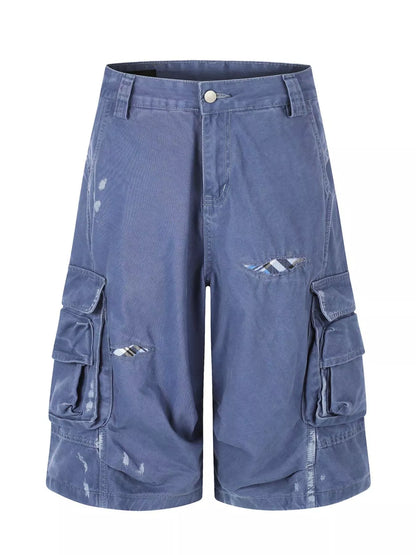 Men's distressed cargo capris in blue, stylish and casual, with multiple pockets and a relaxed fit by Trendsi.