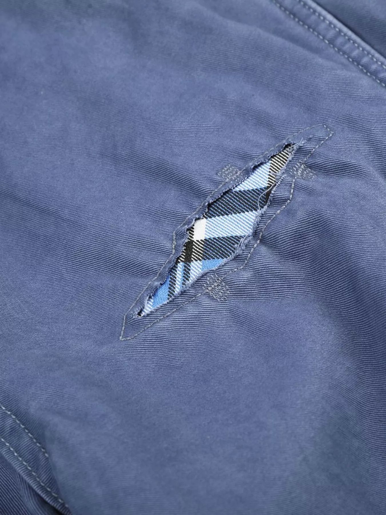 Men's distressed cargo capris in blue, trendy casual pants with a relaxed fit and multiple pockets, by Trendsi.