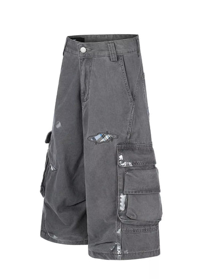 Men's distressed cargo capris in blue from Trendsi, featuring a relaxed fit with multiple pockets and a casual, worn-in look.