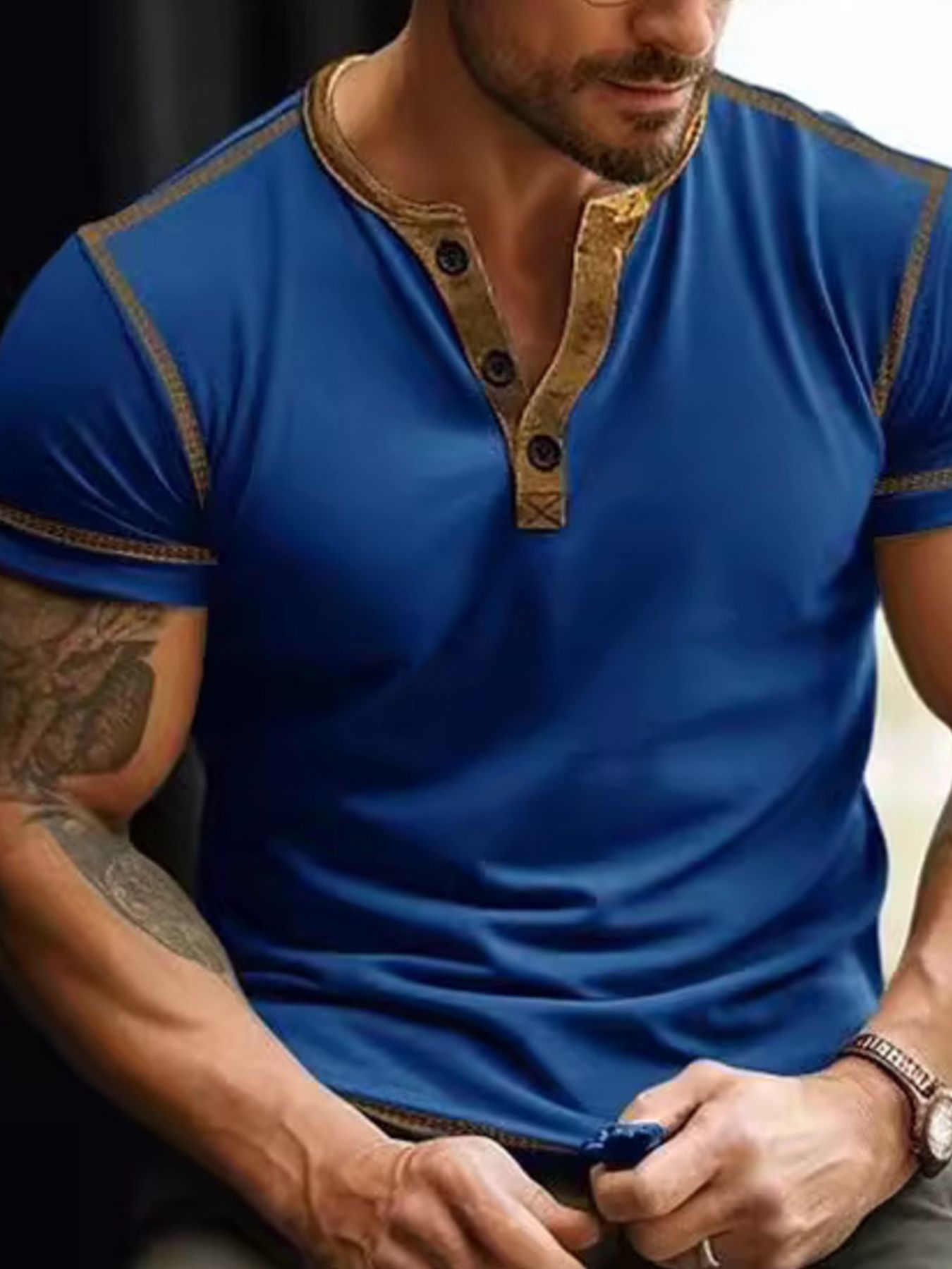 Men's plus size short sleeve T-shirt by Trendsi with button details in blue, casual fit, soft fabric, and comfortable style.
