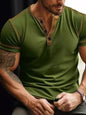 Men's plus size blue short sleeve T-shirt with button detail from Trendsi, versatile and comfortable for casual wear.