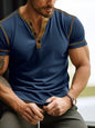 Blue men's plus size short sleeve T-shirt with button details, made by Trendsi, featuring a comfortable fit and casual style.