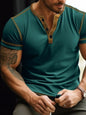 Men's plus size blue short sleeve T-shirt with button detail from Trendsi, featuring a comfortable fit and casual style.