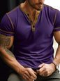 Blue men's plus size short sleeve T-shirt with button details by Trendsi, featuring a relaxed fit and casual style.