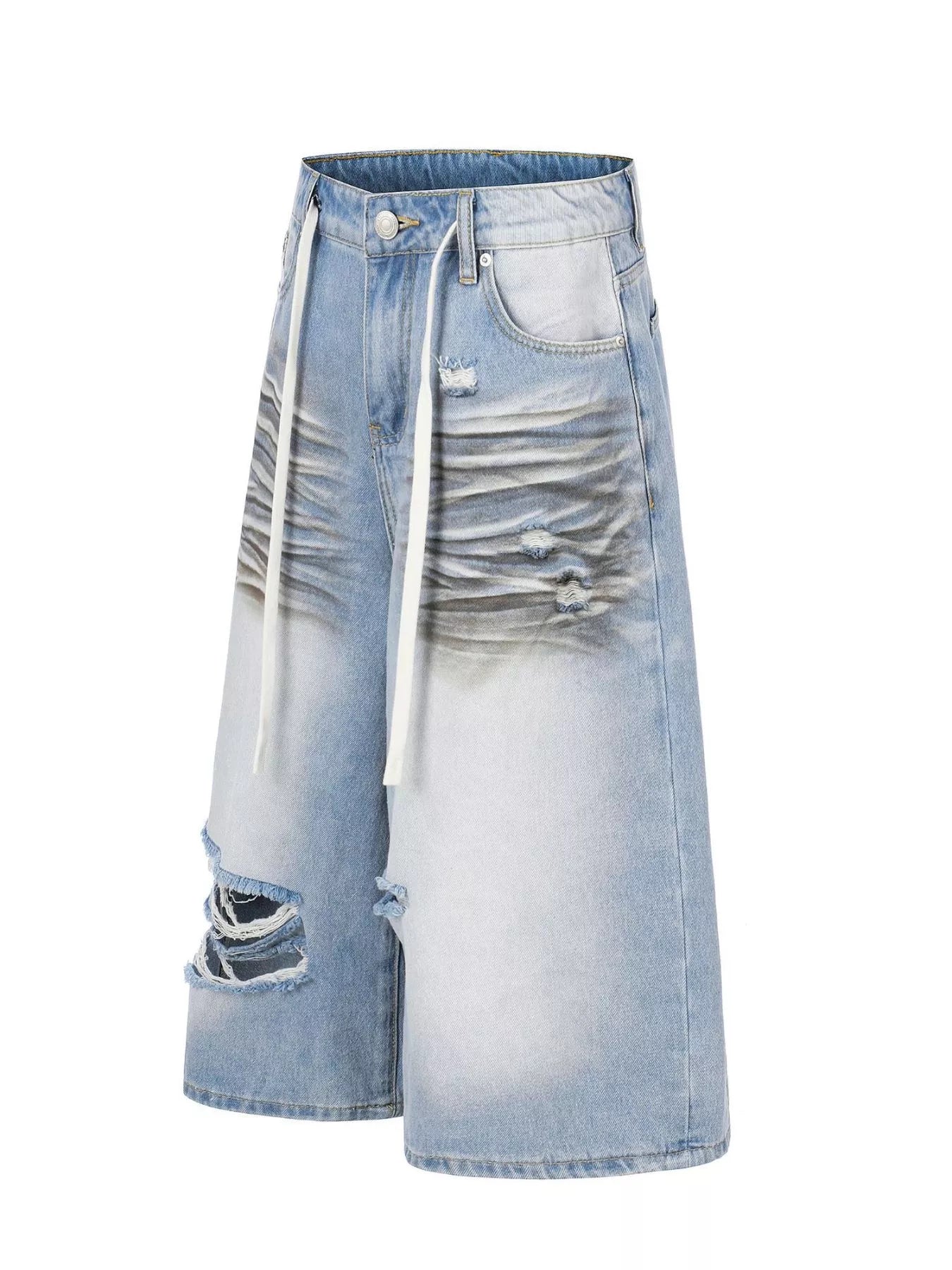 Men's full-size distressed wide-leg Capri jeans by Trendsi, blue denim, relaxed fit with frayed details, plus size fashion.