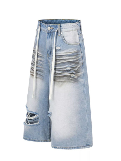 Men's full-size distressed wide-leg Capri jeans by Trendsi, blue denim, relaxed fit with frayed details, plus size fashion.