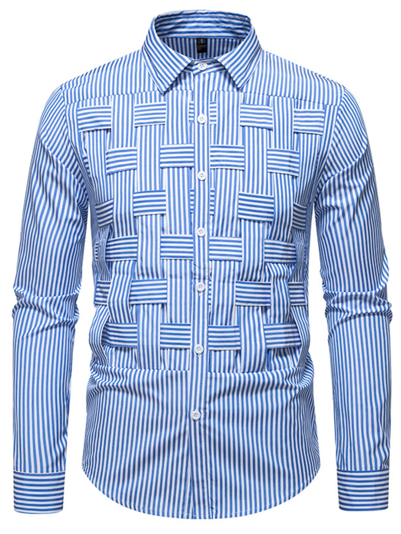 Men's long sleeve shirt with blue and white striped woven pattern from Trendsi, featuring a classic collar and button-front design.