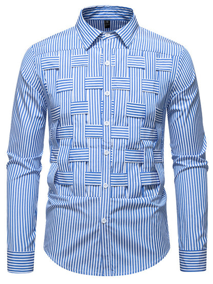 Men's long sleeve shirt with blue and white striped woven pattern from Trendsi, featuring a classic collar and button-front design.