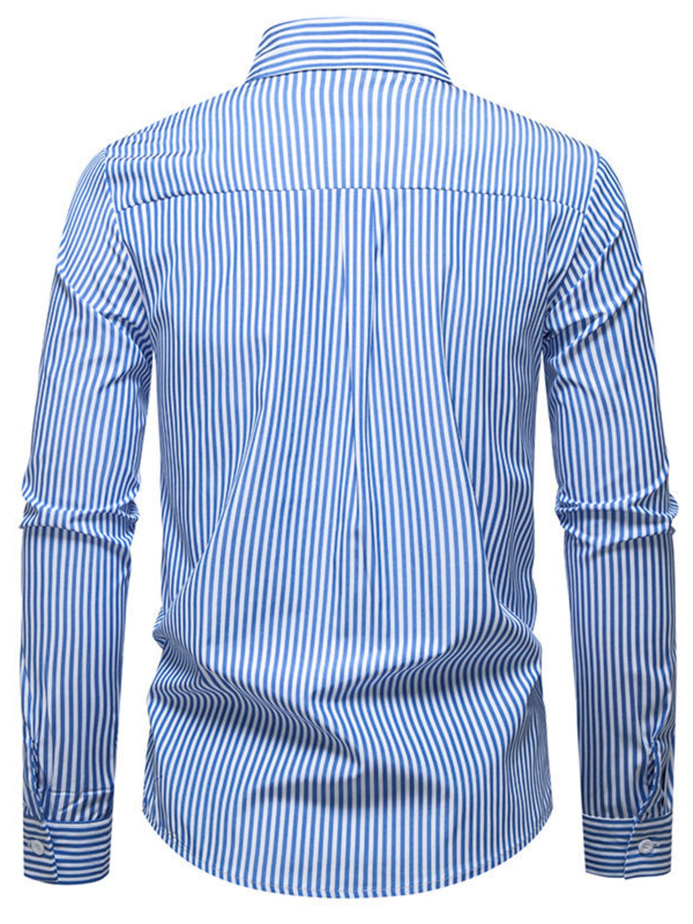 Men's long sleeve shirt with blue woven striped pattern by Trendsi, featuring a classic collar and button-up front.