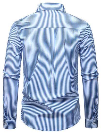 Men's long sleeve shirt with blue woven striped pattern by Trendsi, featuring a classic collar and button-up front.