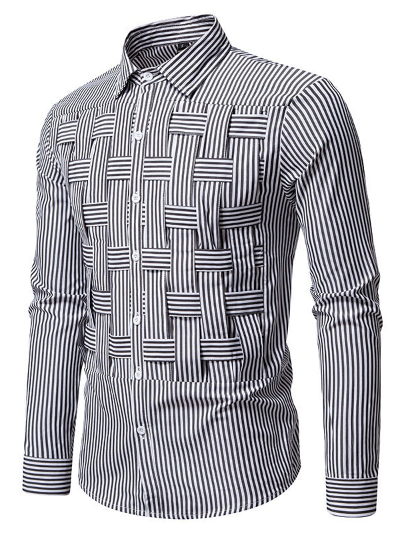 Men's long sleeve shirt with blue and white woven striped pattern, stylish men's woven pattern shirt by Trendsi.