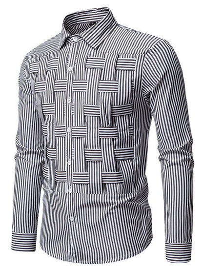 Men's long sleeve shirt with blue and white woven striped pattern, stylish men's woven pattern shirt by Trendsi.