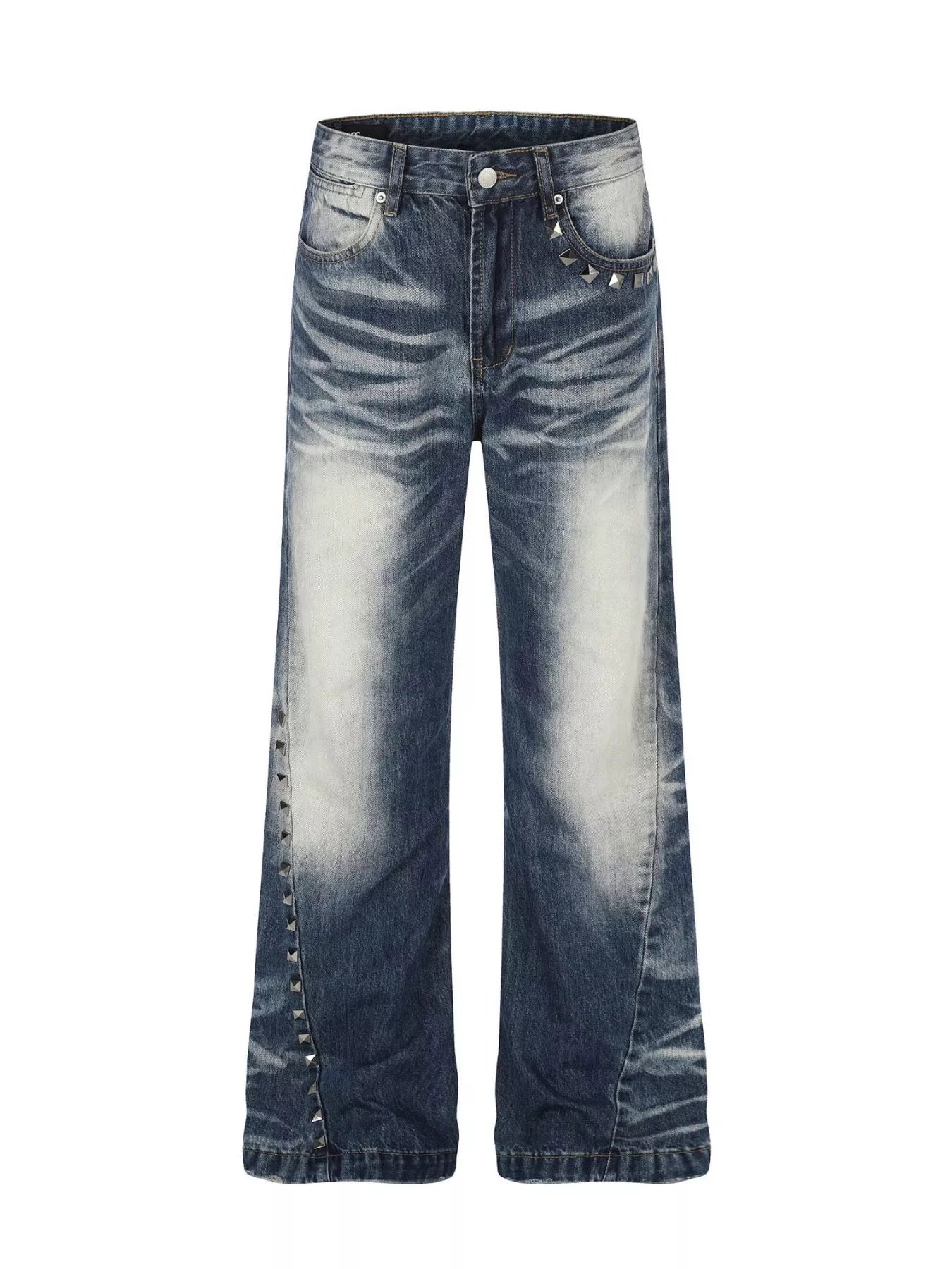 Men's blue washed bootcut jeans with metal studded details, Trendsi brand, casual denim pants for men, front view