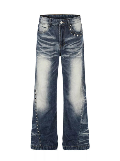 Men's blue washed bootcut jeans with metal studded details, Trendsi brand, casual denim pants for men, front view