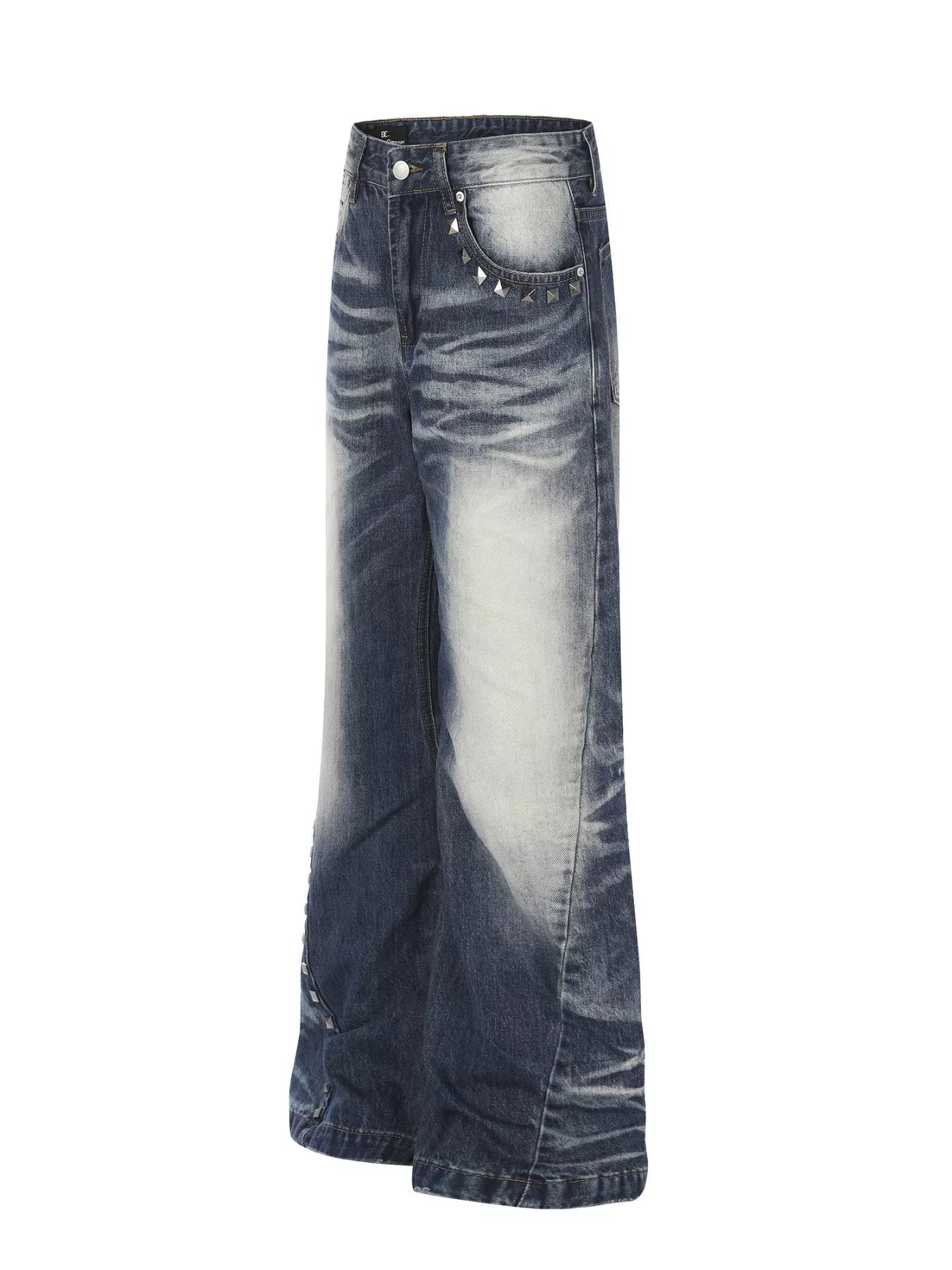 Men's blue bootcut jeans with studded details, washed finish, by Trendsi, showcasing a relaxed fit and stylish design.