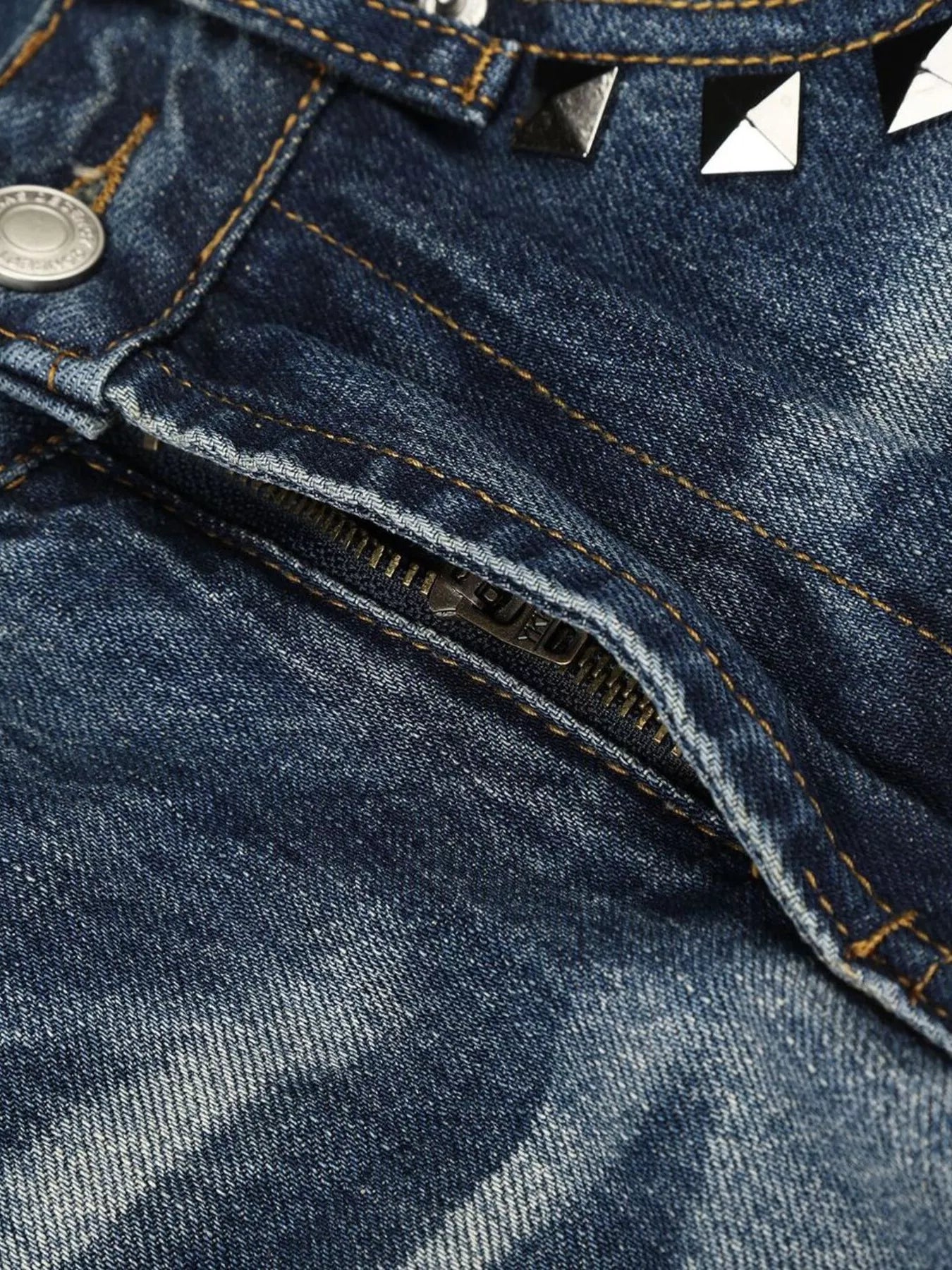 Men's blue bootcut jeans with studded details, washed finish, from Trendsi, showcasing the relaxed fit and stylish denim design.