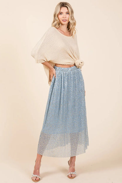 Blue metallic glitter speckle print elastic midi skirt by Mittoshop, stylish and comfortable for casual or dressy occasions.