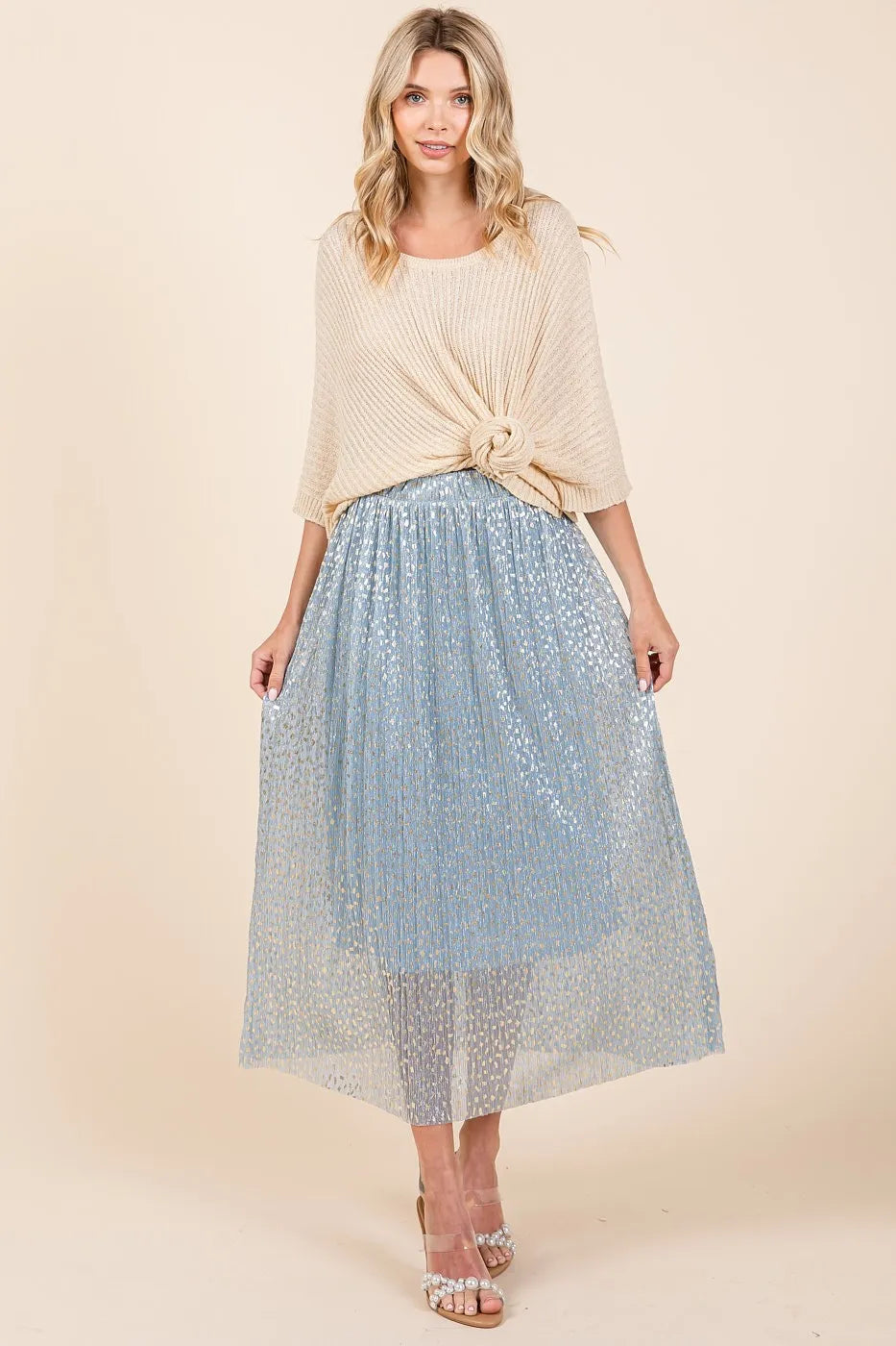 Blue metallic glitter speckle print elastic midi skirt by Mittoshop, featuring a stylish shimmer and comfortable fit.